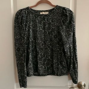Loft Puffed Sleeves Printed Paisley Top Black and Gray